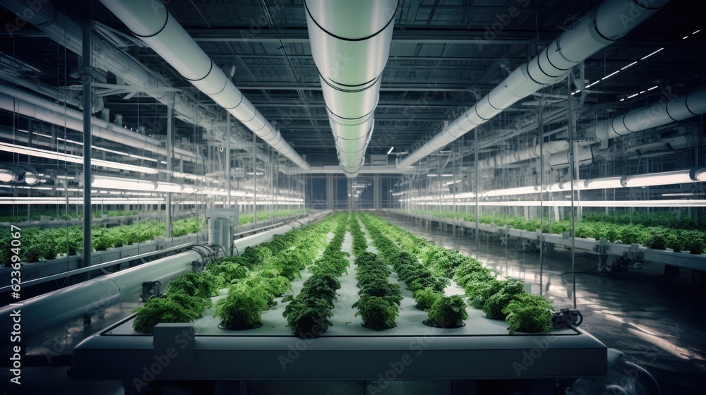 Sticker Hydroponic indoor vegetable plant factory in exhibition space warehouse. Interior of the farm hydroponics. Green salad farm. Lettuce Roman growing in greenhouse with led lightning. Generative Ai.