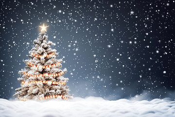 Ai generative. Christmas tree with snow decorated with garland lights, holiday festive background