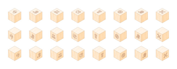 Support line icons printed on 3D wooden blocks. Cube Wood. Isometric Wood. Vector illustration. Containing hours support, technical support.