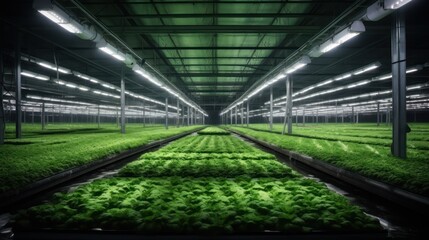 Obraz premium Hydroponic indoor vegetable plant factory in exhibition space warehouse. Interior of the farm hydroponics. Green salad farm. Lettuce Roman growing in greenhouse with led lightning. Generative Ai.