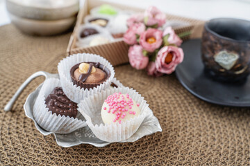 assorted handmade sweets, Swiss chocolates in gift box, various luxury pralines made of dark and milk organic chocolate, sweet dessert food as holiday present and premium confectionery brand