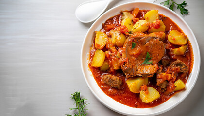 Potatoes stewed with meat, in tomato sauce, with spices and herbs, no people, on a white table,