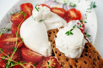 Italian cheese burrata, tomatoes on bread rolls close up. A layer of mozzarella with creamy straticella inside
