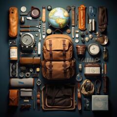 Backpacking items lay flat overhead view, Traveler items concept. Generative AI.
