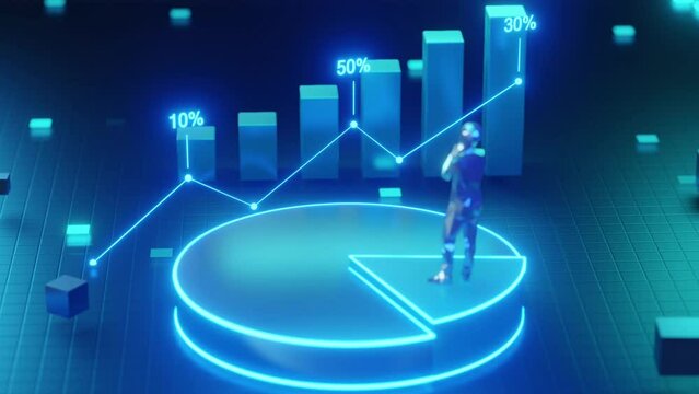 Business analysis and statistics. moving male entrepreneur studies digital graphs and company charts or financial report. character develops strategy for success. isometric graphic animated cartoon