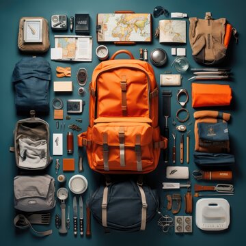 Backpacking items lay flat overhead view, Traveler items concept. Generative AI.