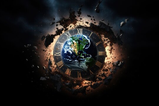 Extinction event on Earth, countdown timer concept. exploding earth inside the clock. Generative AI.