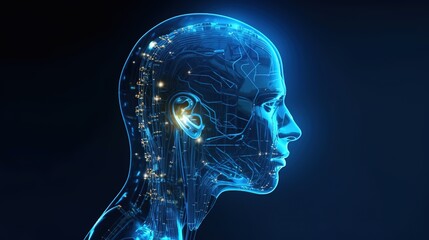 Technology and engineering concept, digital human head constructing from cubes. generative AI