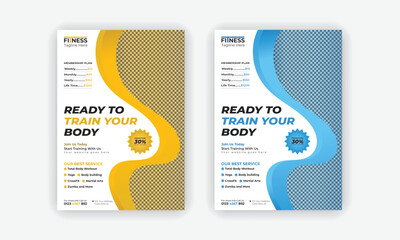 Modern Fitness Gym Flyer and Poster Template or Fitness workout leaflet Design or Professional Fitness Gym layout with yellow and blue color