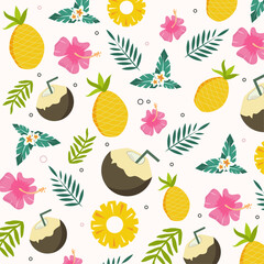 Bright cartoon seamless pattern in tropical style.Seamless summer pattern with pineapple, coconut, flowers and tropical leafs