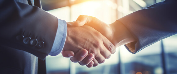 Hand shake between two business men, closeup shot of shaking hands with lens flare and much light, generative ai