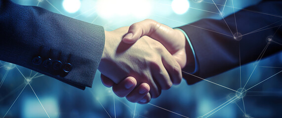 Hand shake between two business men, closeup shot of shaking hands with abstract digital background, generative ai
