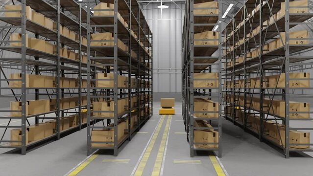 footage of automated machine transferring box in warehouse, 3D illustration rendering