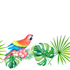 Seamless border made of monstera, palm branch and macaw. Watercolor illustration on a white background. Rainforest.