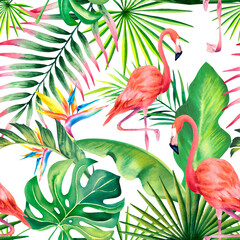 Seamless pattern of flamingos, monstera, strelitzia and palm branches. Rainforest. Watercolor illustration on a white background. Exotic birds.