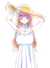 麦わら帽子を被ったロングヘアの女の子　押さえる　茶髪