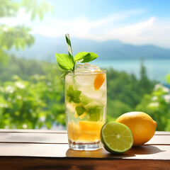 Fototapeta premium Party celebration in summer for drink, cocktail, mocktail, girl, beach, summer, daylight, lemon, peach, orange, lemonade, peach, coke, lavendar 