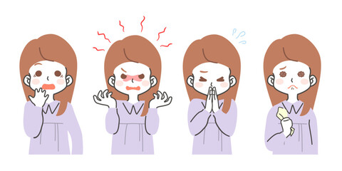 若い女性のいろいろな感情・表情のイラスト素材セット（驚く・慌てる・怒り・謝罪・お願い・悲しい・寂しい）