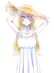 麦わら帽子を被ったロングヘアの女の子　押さえる　金髪　碧眼