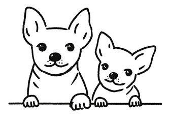 two chihuahua dogs with paws climbing on table, smiling. Line drawing illustration.