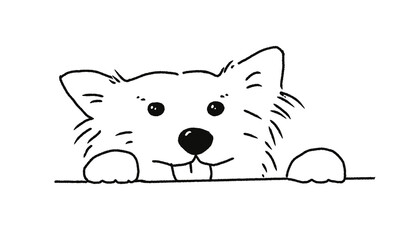 long hair  dog with paws climbing on table, smiling. Line drawing illustration.