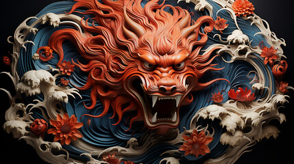 Red Dragon Chinese Zodiac with surreal paper cut flower and sea wave on black background, Happy chinese new year 2024, illustration fantasy Dragon head, Generative Ai.