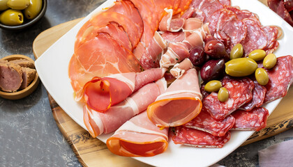 Assortment , sliced meat appetizer, prosciutto, salami and ham, with olives, breakfast, top view, close-up, no people,