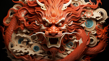 Red Dragon Chinese Zodiac with surreal paper cut  sea wave on black background, Happy chinese new year 2024, illustration fantasy Dragon head, Generative Ai.