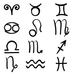 Zodiac sign symbols set, hand drawn horoscope signs line art