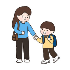 Happy Mom and Child Walking to School Together on Back to School Day
