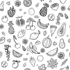 Trendy seamless pattern with fruits and berries in doodle style. Pineapple, strawberry, apple, pear, watermelon and other. Vector illustration EPS10. Isolated on white
