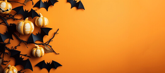 Happy halloween holiday concept. Halloween decorations, bats, ghosts on orange background