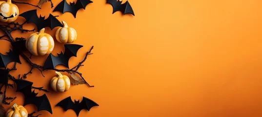 Fototapeten Happy halloween holiday concept. Halloween decorations, bats, ghosts on orange background © Thamidu