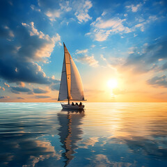 Fototapeta na wymiar Sunny summer sea and yachting in sunny day, cruise ship, holiday, vacation, ocean, trip,