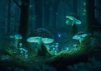 Fototapeta na wymiar Wonderful magical mushroom forest glowing at night