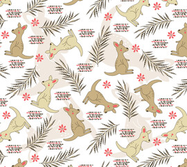Cute kangaroos and flowers with tropical leaves