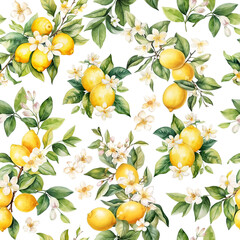 Seamless pattern with watercolor lemons, leaves and flowers isolated on white. 