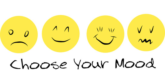 Text "Choose Your Mood" with yellow facial expression feeling stickers.