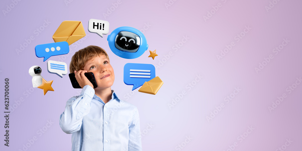 Poster smiling kid talking on smartphone having a conversation with a virtual assistant