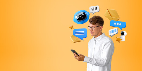 Businessman with smartphone, chat bot speech bubbles and online communication