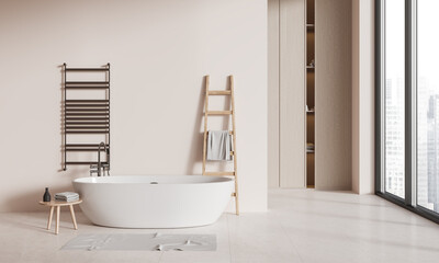 Beige bathroom interior with tub and shelves