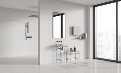 Stylish home bathroom interior with sink and douche, panoramic window © ImageFlow