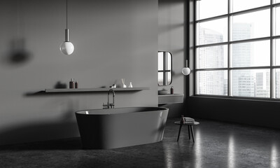 Grey home bathroom interior with bathtub and sink, accessories and window