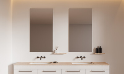Beige bathroom interior with double sink and mirrors