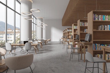 Stylish library interior with table and chairs in row, bookshelf and window