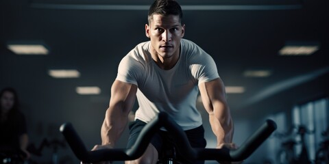 Naklejka na ściany i meble Portrait of a Young athletic man in sportswear doing cycling on exercise bikes at the gym, generative ai