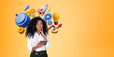African businesswoman with tablet, business start up icons and c