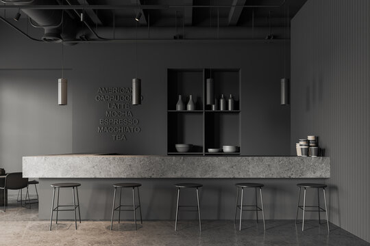 Grey coffee shop interior with bar island and shelf with dishes