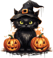 Cute doodle cat animal for halloween day with watercolor illustration.GenerativeAI.