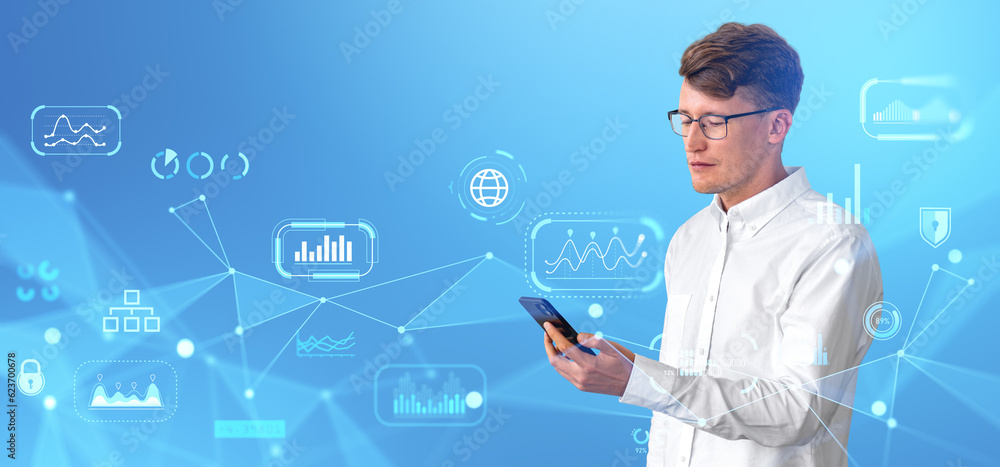 Aufkleber businessman working with smartphone, analytics dashboard and graph chart